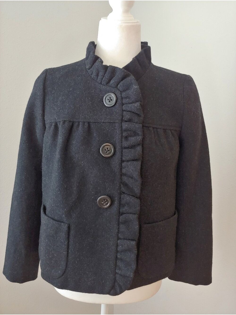 J.Crew Vintage Fiona Charcoal Ruffle Wool Coat Women's size 0 Green Label